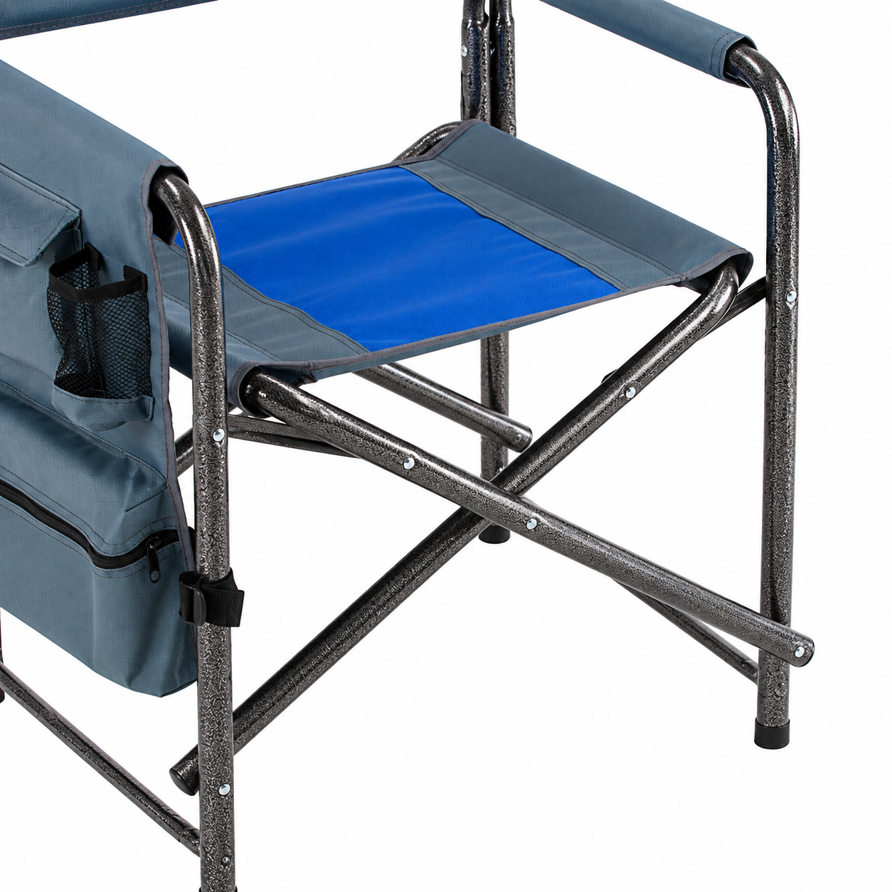 Close view of folding chair fabric seat storage pockets and crossed steel frame