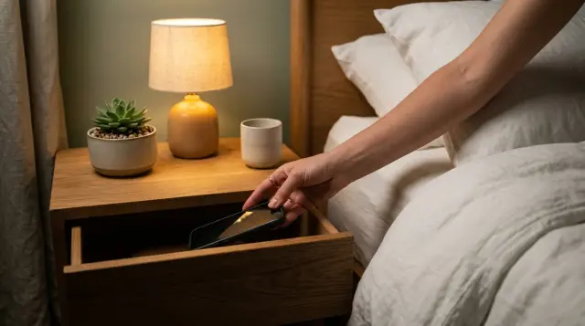 Hand placing smartphone into nightstand drawer in calm dimly lit bedroom