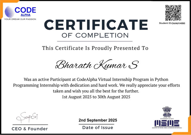 Python Programming Internship Certificate