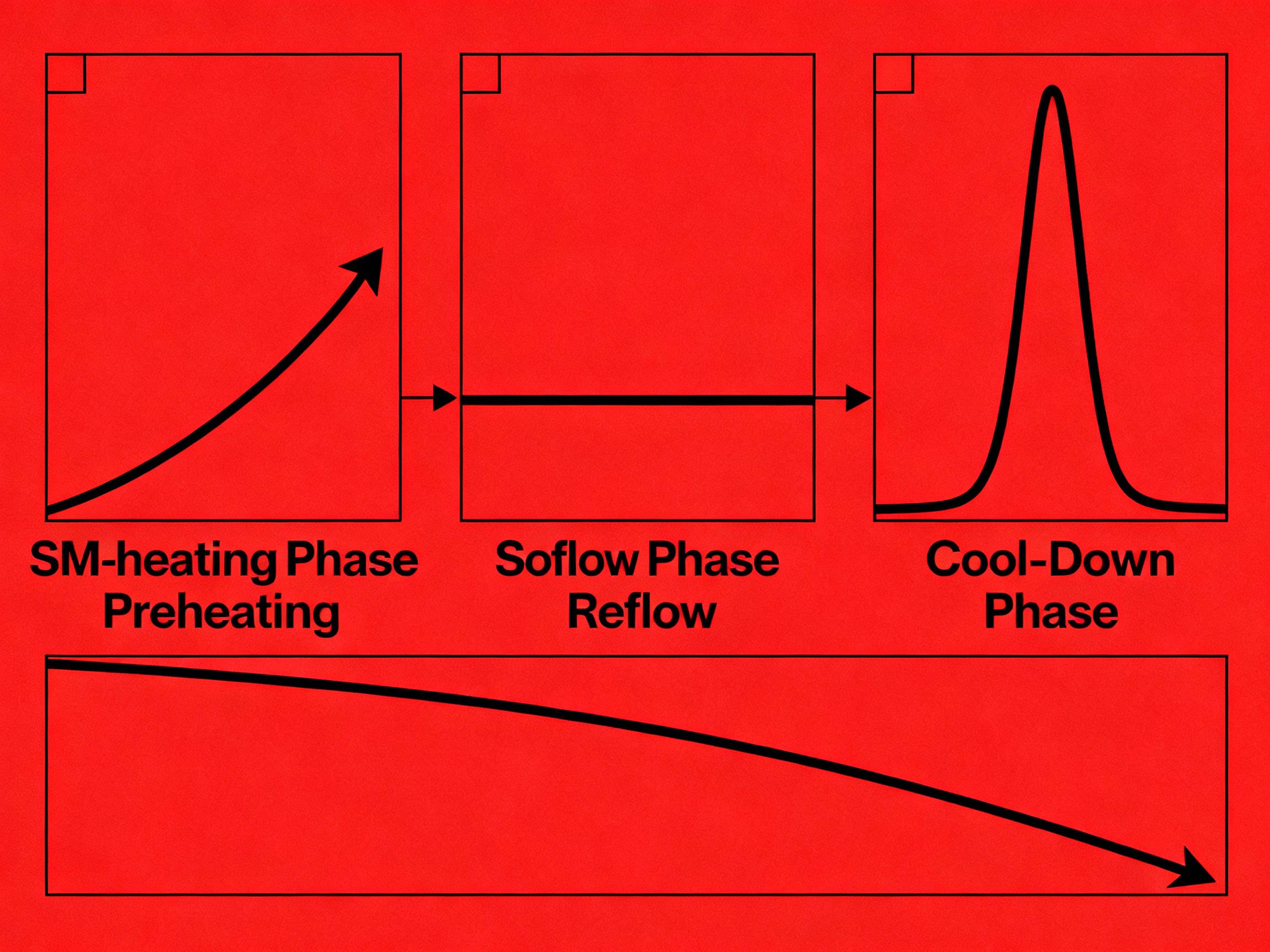 SMT reflow oven stages: preheating, soaking, reflow, cooldown.