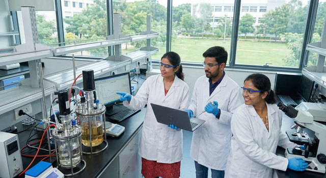 Students in a modern lab setting collaborating on a research project.