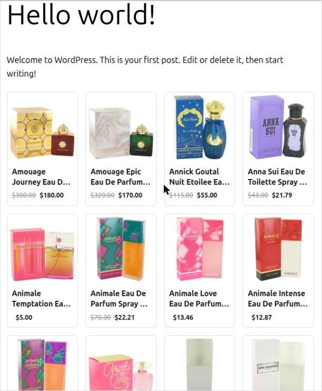 Shopify perfume minishop embedded in a WordPress post