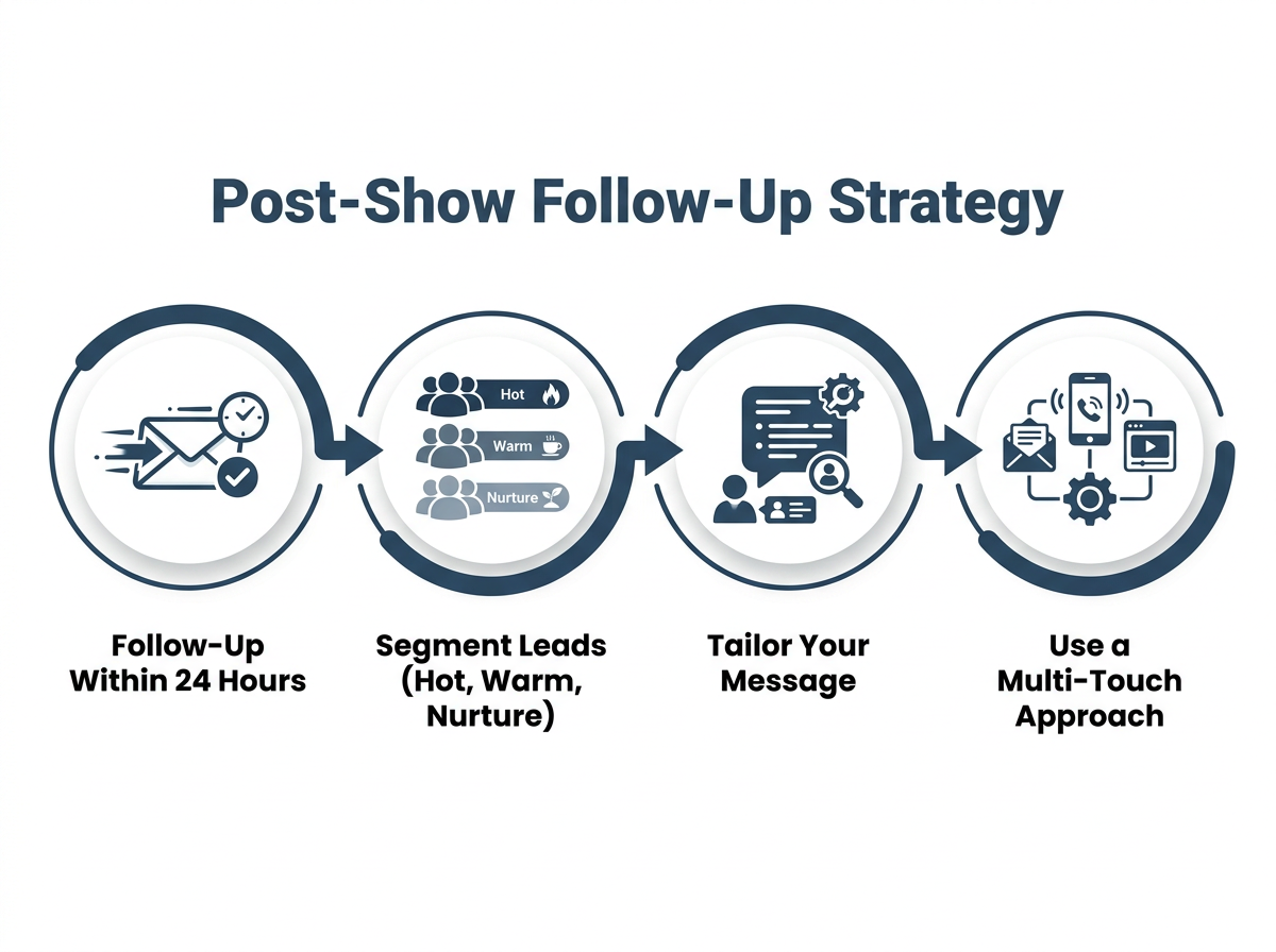 Flowchart of the 4-step post-show follow-up strategy: Follow up within 24 hours, segment leads, tailor your message, and use a multi-touch approach.