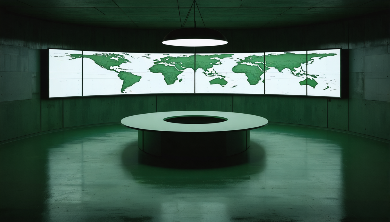 A Cold War-era military control room viewed from above, with a large circular table and illuminated situation maps on the walls, the room empty of people.