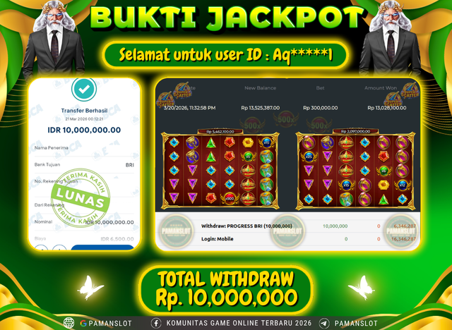 Selamat kepada Member PAMANSLOT Game Gates Of Olympus Super Scatter  : AQ*****1