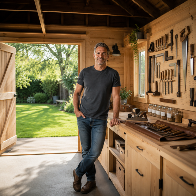 Woodworker standing proudly in front of his finished DIY shed