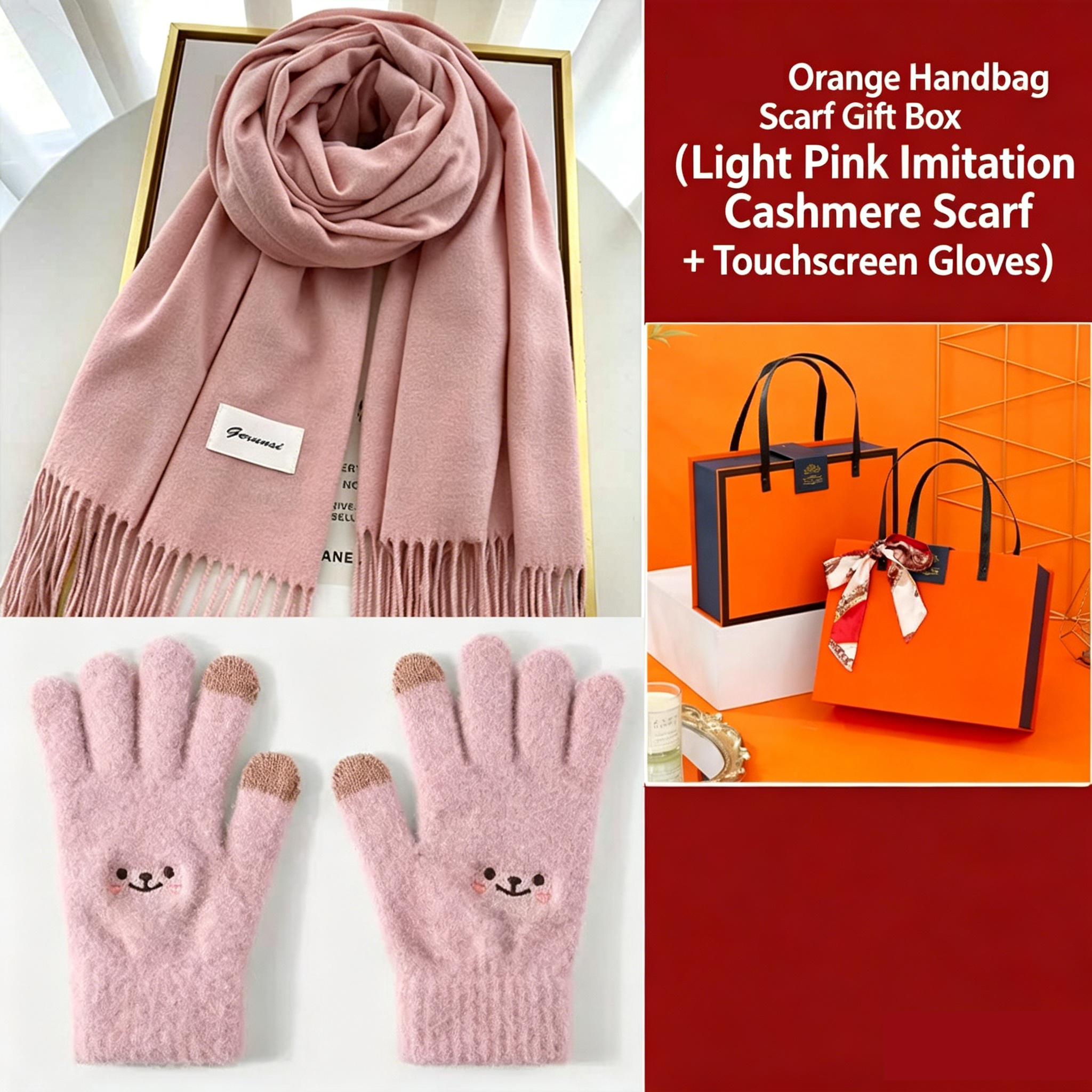 Pink Winter Cashmere-Like Scarf and Gloves Gift Set for Women - Solid Color Tassel Warm Neck Wrap with Touchscreen Knit Mittens, Premium Gift Box - Birthday & Holiday Present