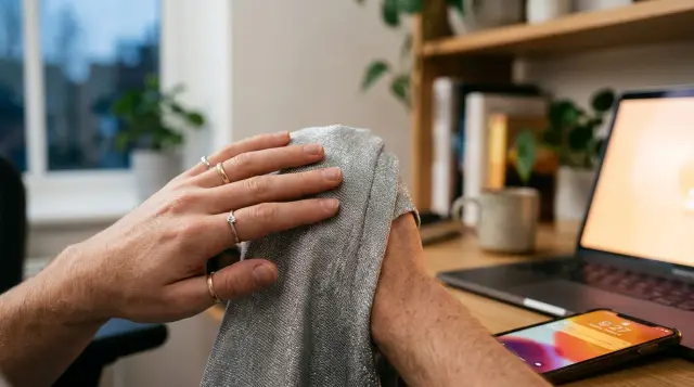 Hand touching silver-fiber EMF shielding fabric sleeve showing metallic textile texture, warm modern interior background
