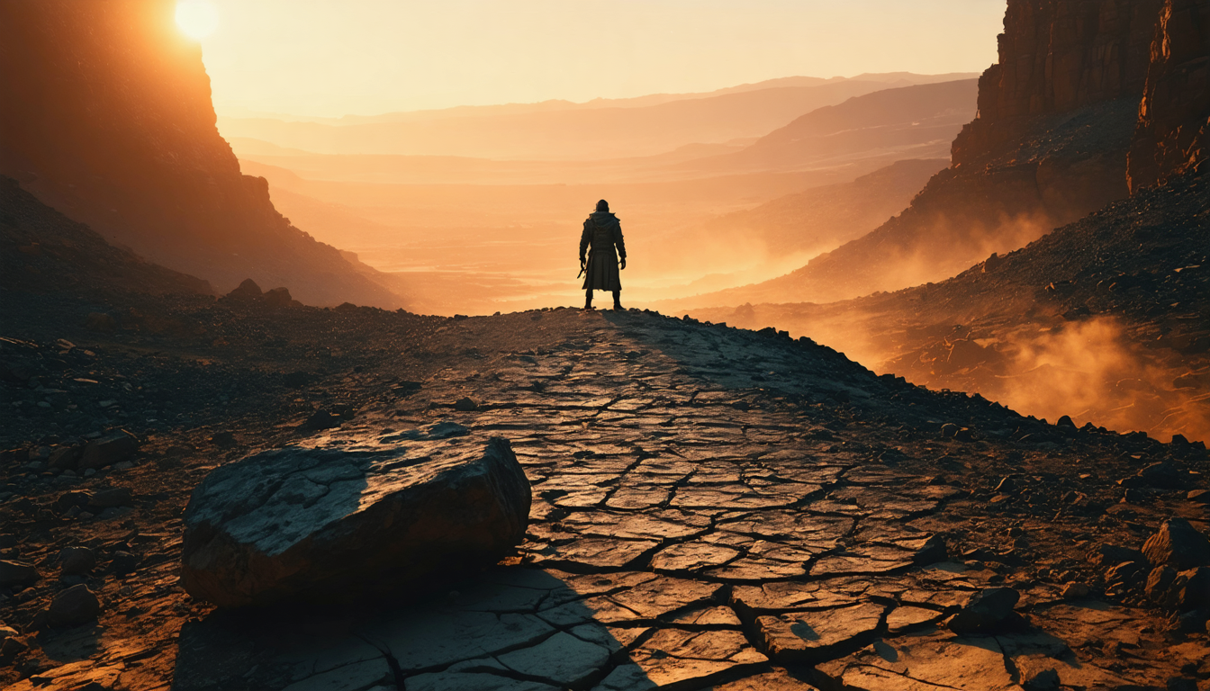 A lone figure standing at the crest of a barren rocky hill at dusk, looking down a long slope, a large stone resting beside worn ground.
