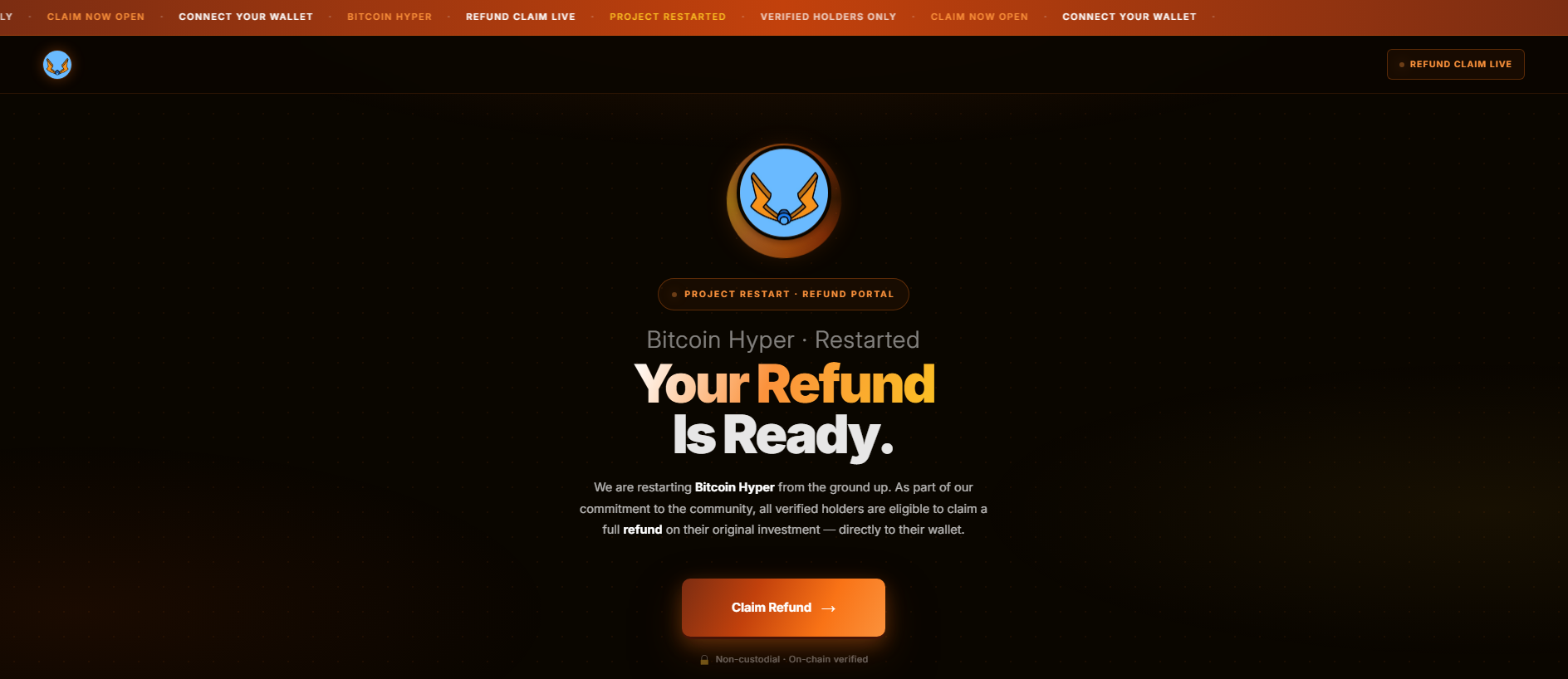 Forensic screenshot of hyperrefund.live showing the phishing page layout