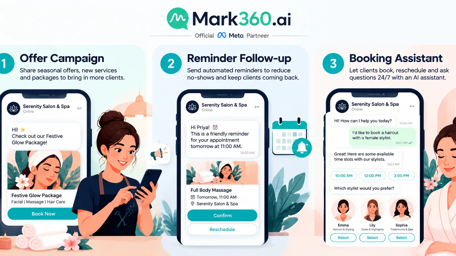 Salon WhatsApp appointment journey: booking bot, reminder drip, festival offer broadcast