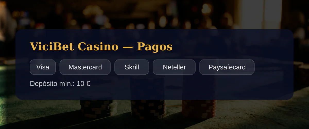 ViciBet Casino — Pagos: Visa, Mastercard, Skrill, Neteller, Paysafecard