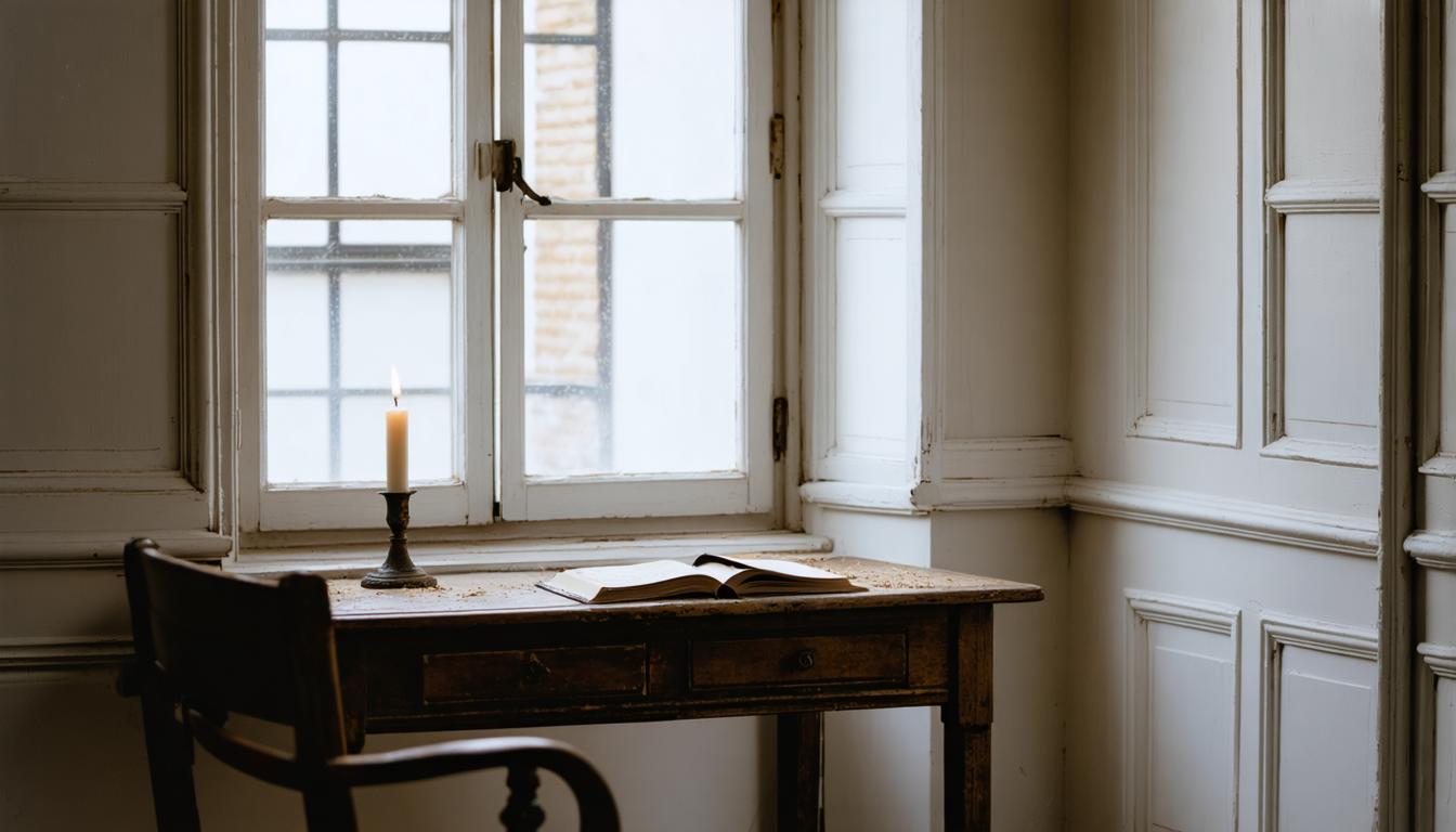 A plain wooden desk with a closed ledger and an unlit candle in a bare shuttered room, an empty chair beside it, cold light through a high window.