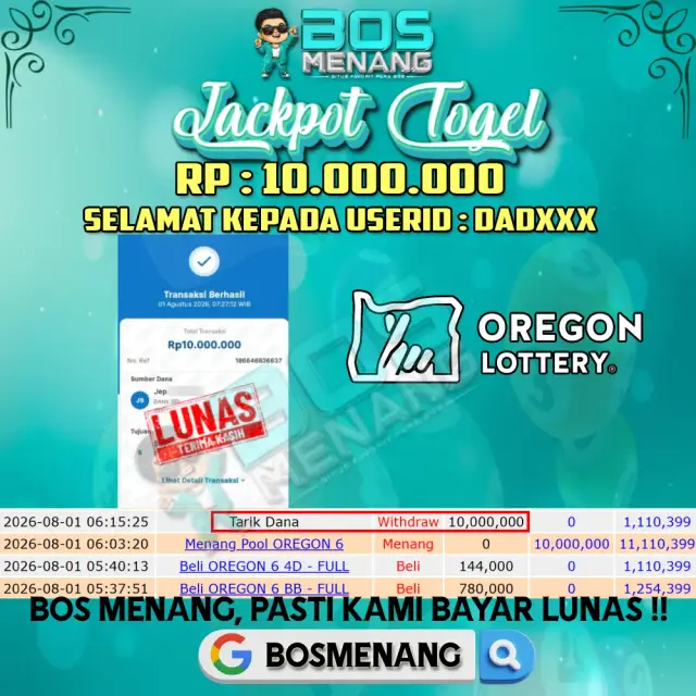 Tanggal 01 AGUSTUS 2026 - JACKPOT TOGEL - Menang OREGON 6   Rp 10.000.000,-