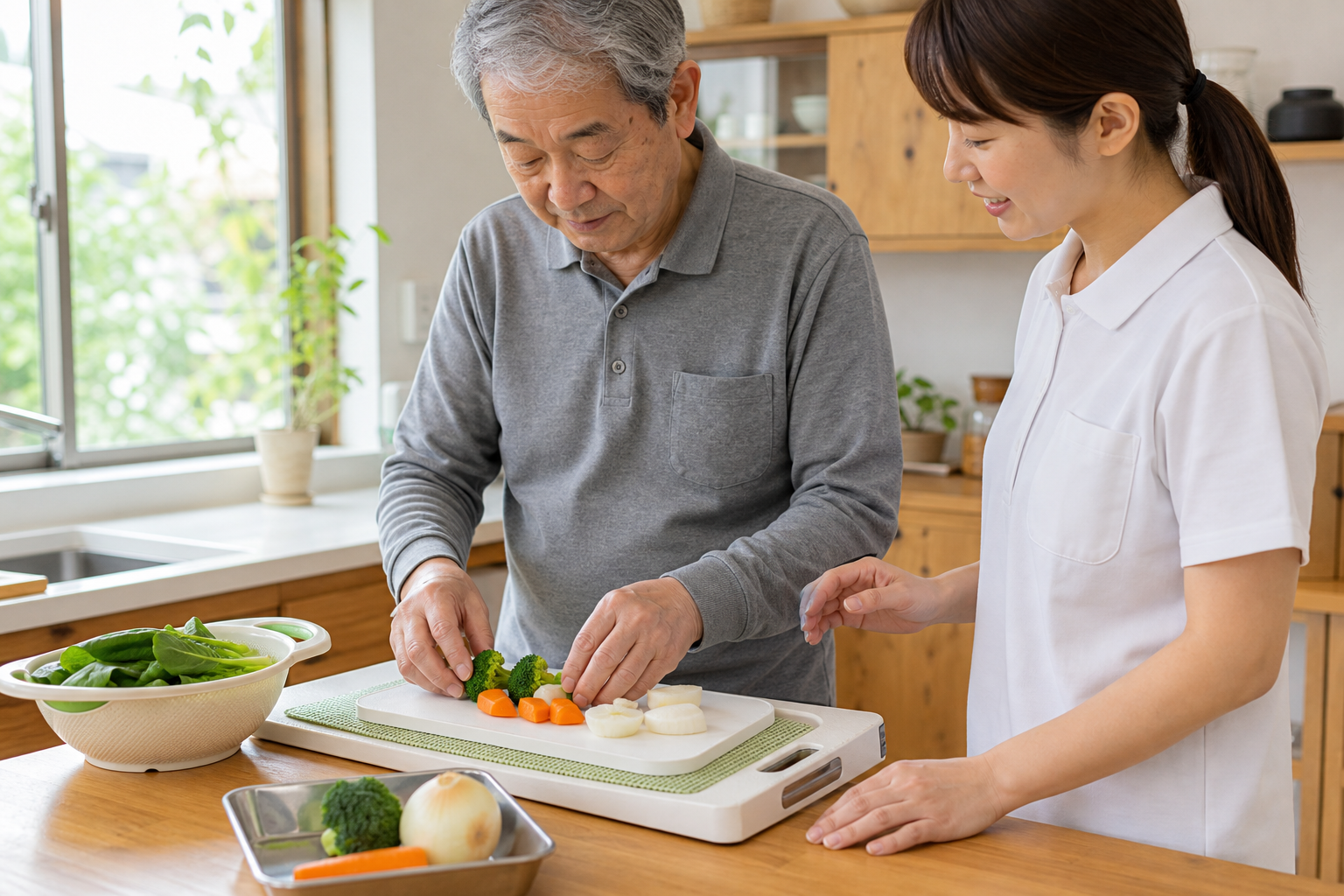 高齢男性が作業療法士と自宅の台所で安全に調理動作を練習する様子