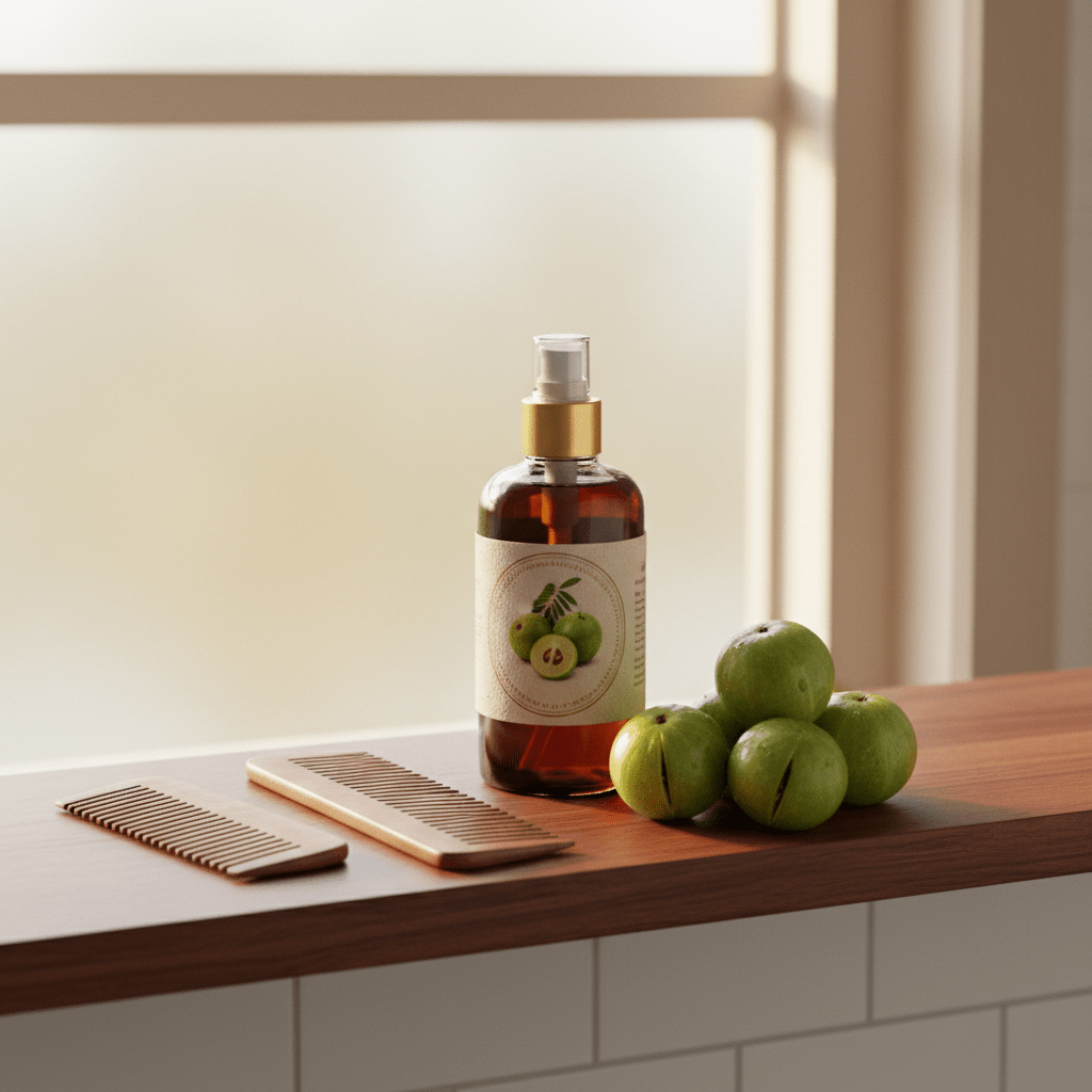 Amla hair oil bottle, fresh amla fruit, and combs on a clean bathroom shelf