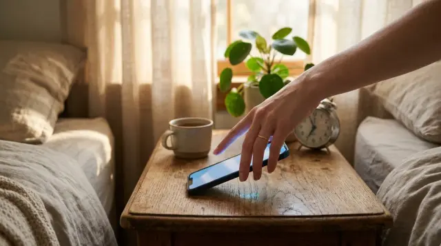 Hand setting down glowing smartphone on bedside table in warm morning light, contemplative mood