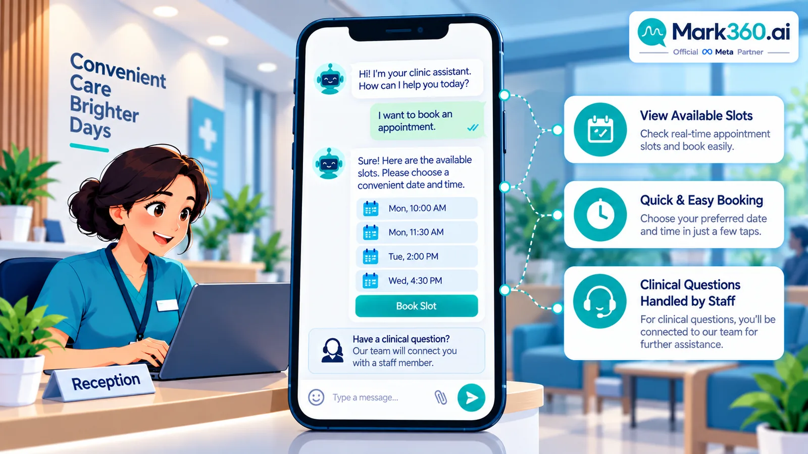 Clinic WhatsApp booking chatbot offering slots and escalating clinical questions to staff