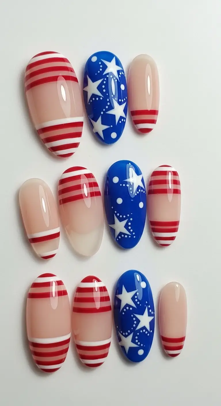 Negative Space Stars and Stripes Almond Nails