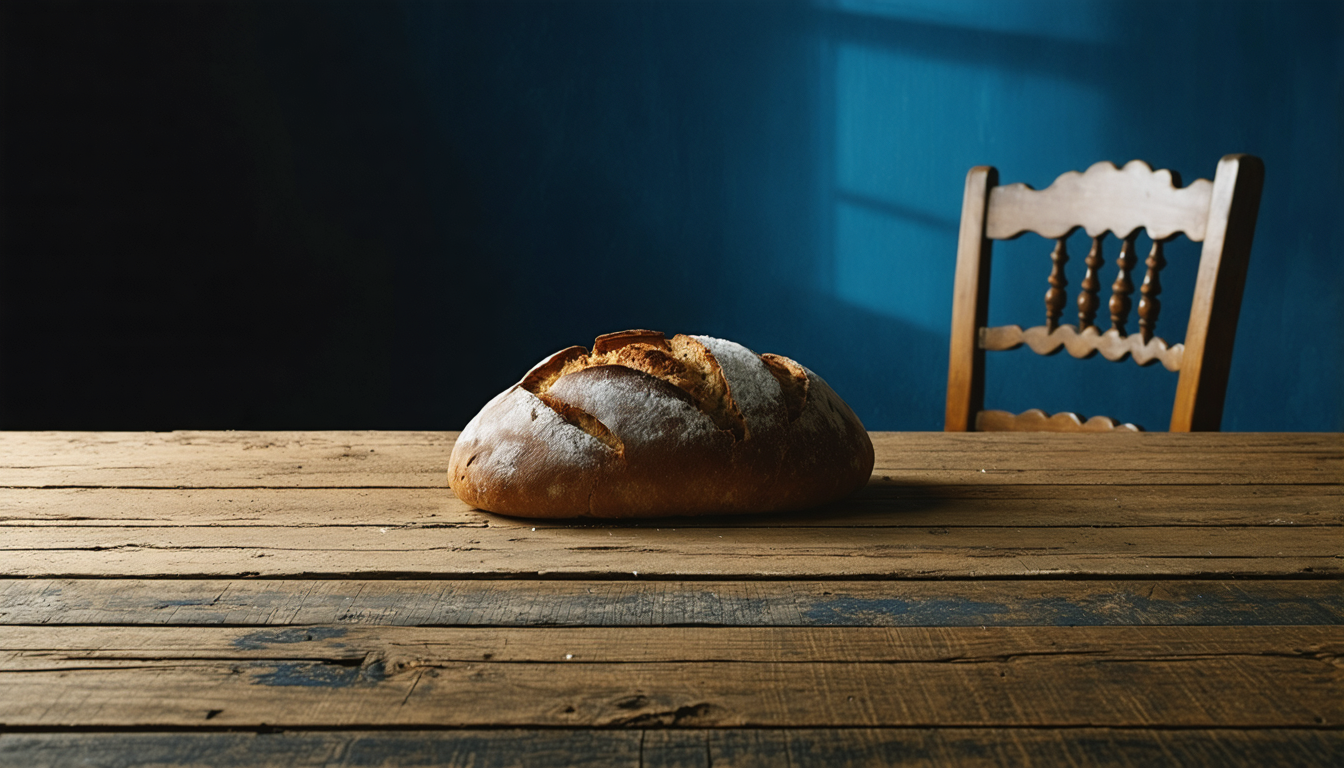 A single loaf of bread on a vast empty banquet table in a dim hall, with one chair pulled out and no one seated.