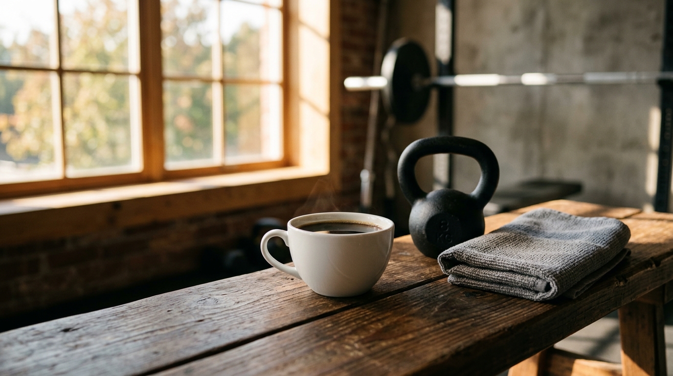 A black coffee in a white ceramic cup on a wooden gym bench beside a kettlebell and folded towel