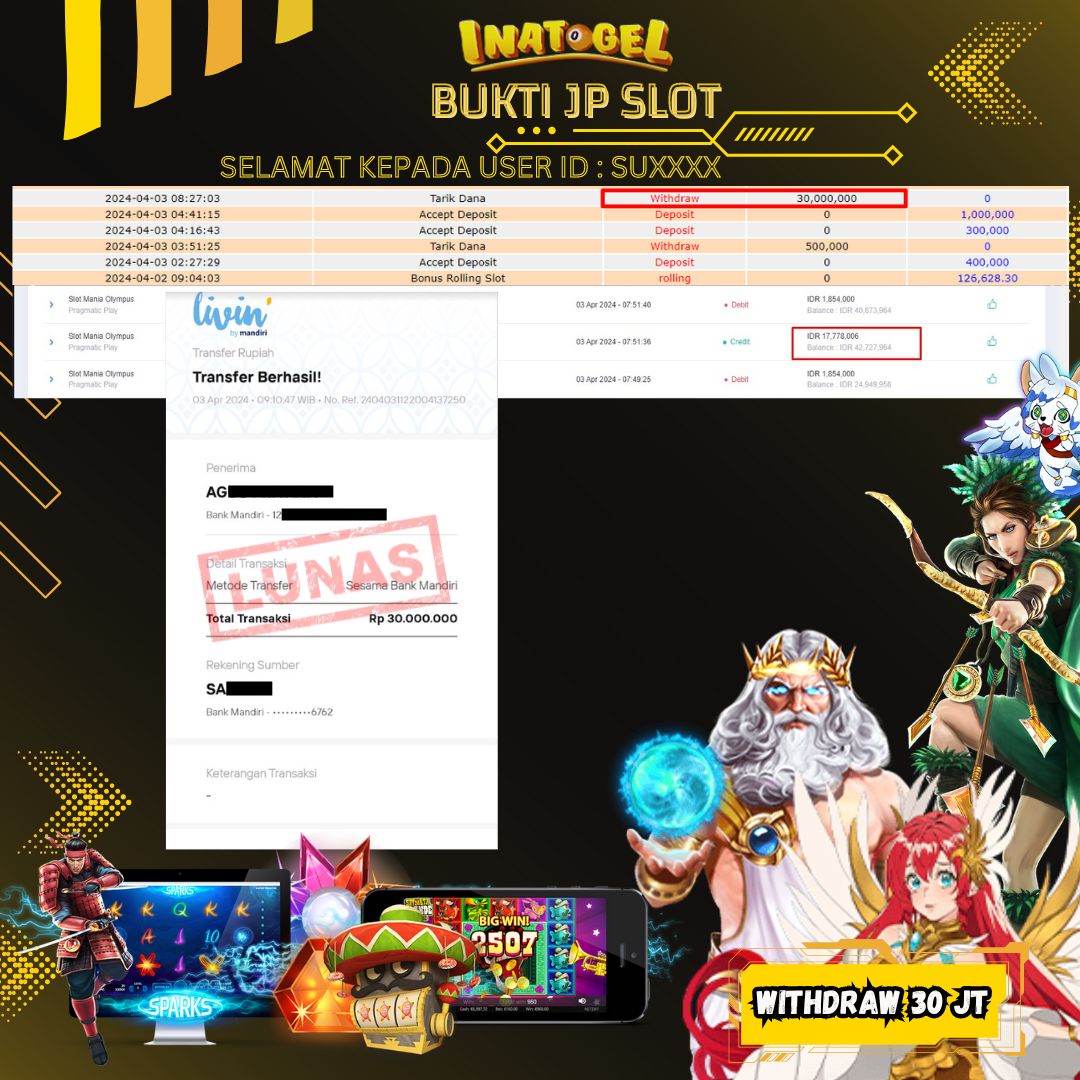 BUKTI PEMBAYARAN JP SLOT MANIA OLYMPUS Rp30,000,000,- LUNAS