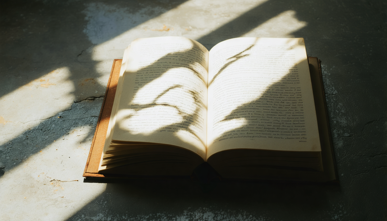 An open book resting face-down on a concrete surface, with a faint shadow of a window frame falling across its pages.