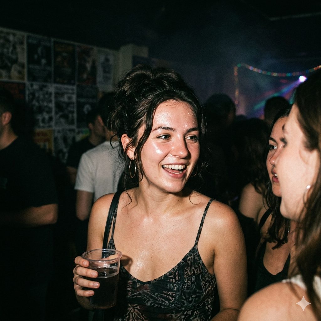 Night Party Flash Portrait Prompt – Y2K Overexposed Candid Woman Photography