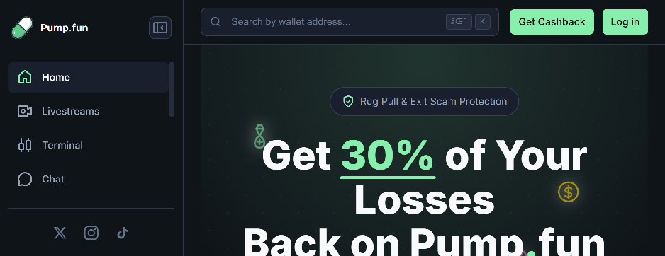 Forensic screenshot of pumprefund.fun showing the phishing page layout