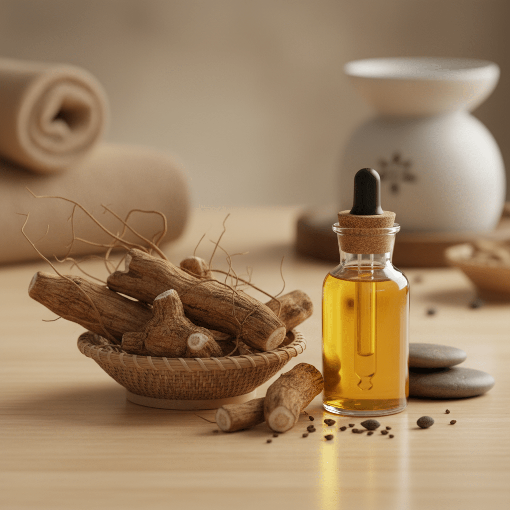 Ashwagandha roots and amber herbal oil bottle on a spa tabletop