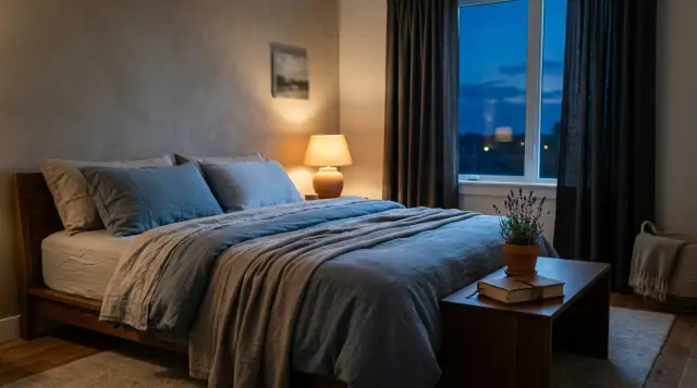 Serene dimly lit bedroom at twilight with warm lamplight and calming blue tones
