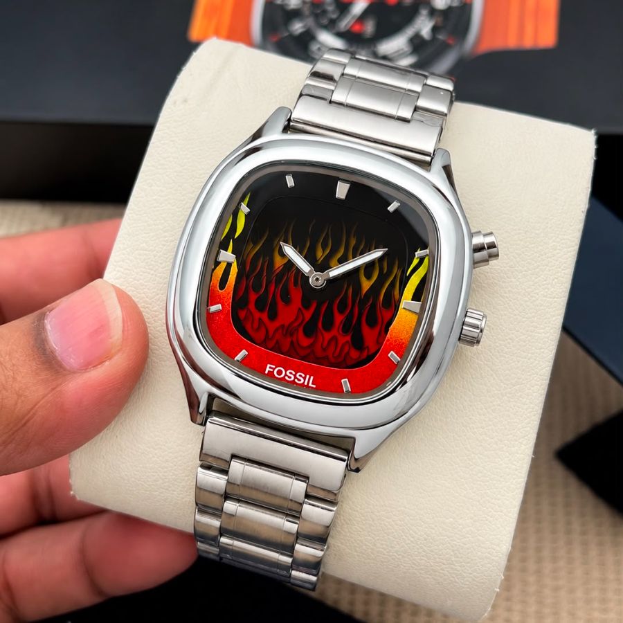 Fossil premium men's watch 43mm with silver metal strap and flame dial