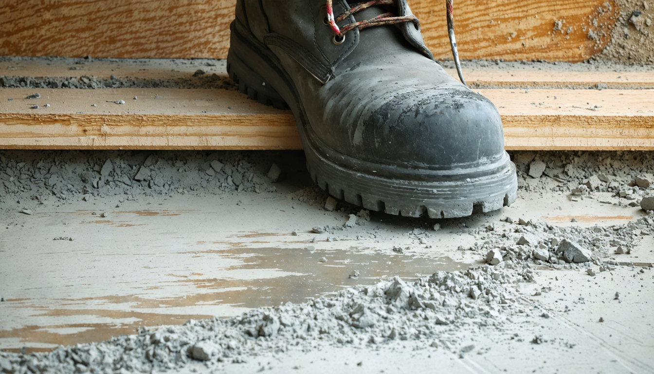 A worker's rubber boot resting against the wooden edge of a freshly poured concrete form on a construction site.