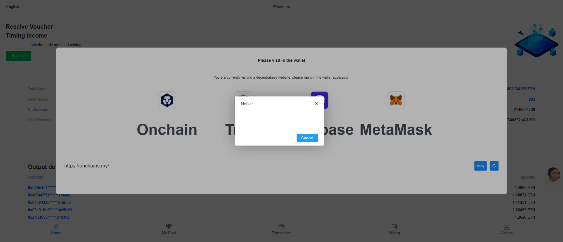 Forensic screenshot of onchains.my showing the phishing page layout