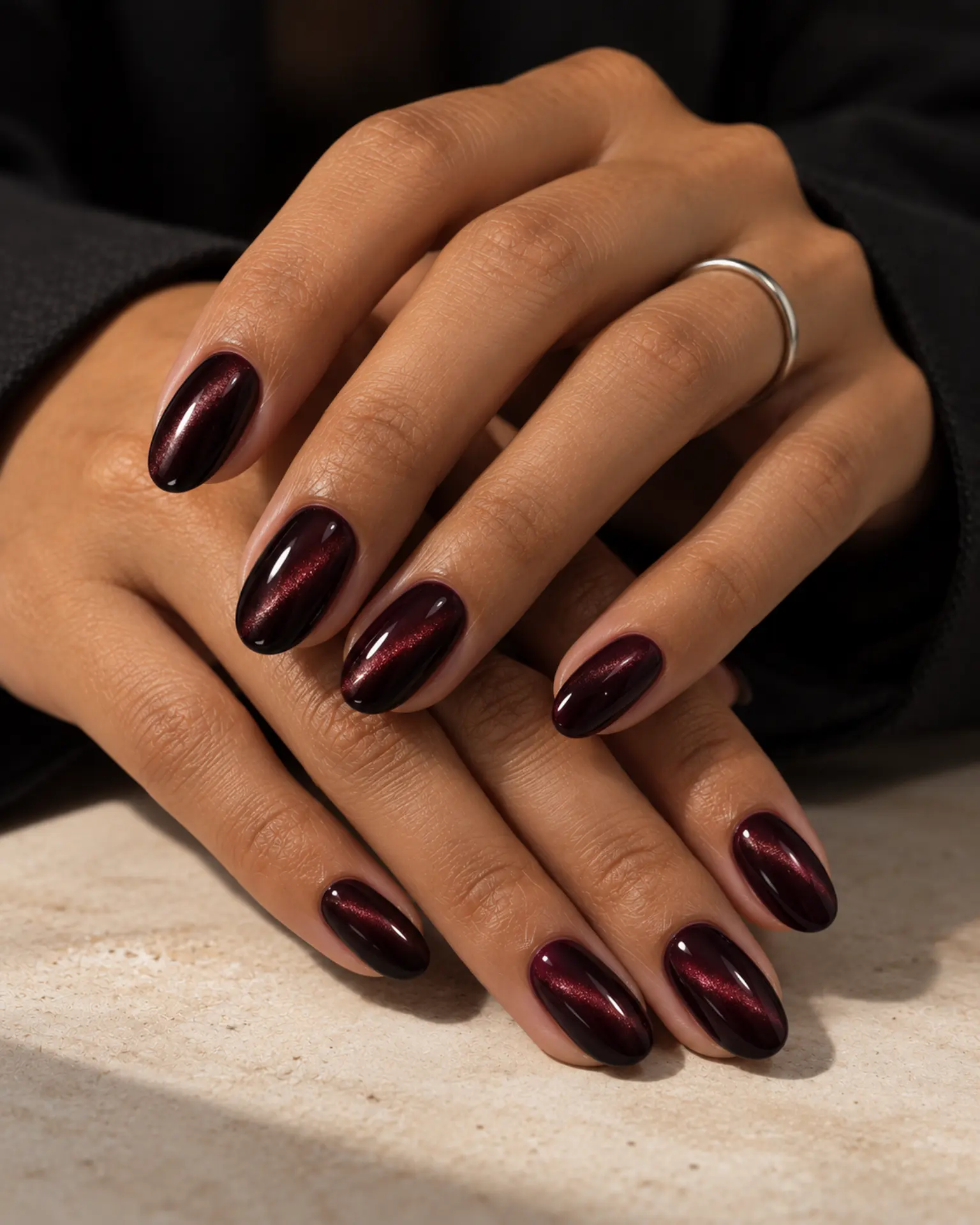 Black Cherry Velvet Cat-Eye manicure inspiration for black nail ideas