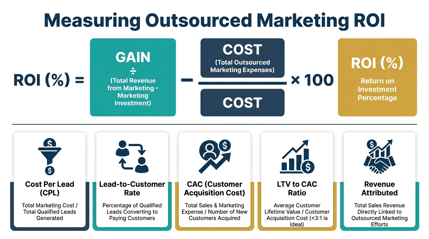 Outsourced marketing ROI formula displayed as a color-coded equation, with five key performance indicator cards below: Cost Per Lead, Lead-to-Customer Rate, CAC, LTV to CAC Ratio, and Revenue Attributed to Marketing