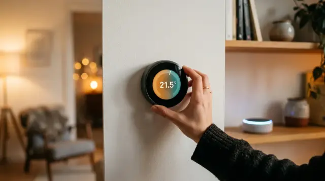 Hand adjusting smart thermostat on white wall with warm cozy living room background