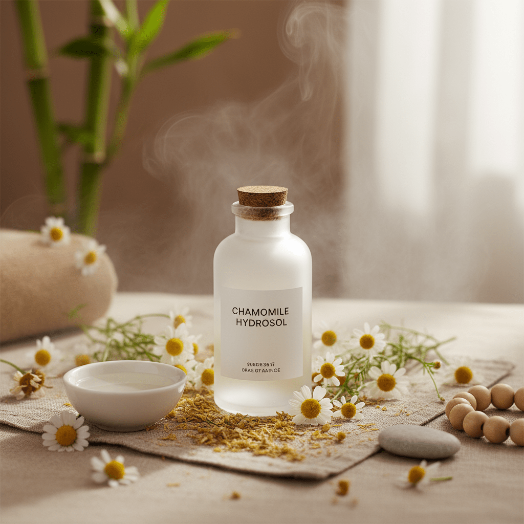 Chamomile hydrosol bottle with flowers in a calm spa setting