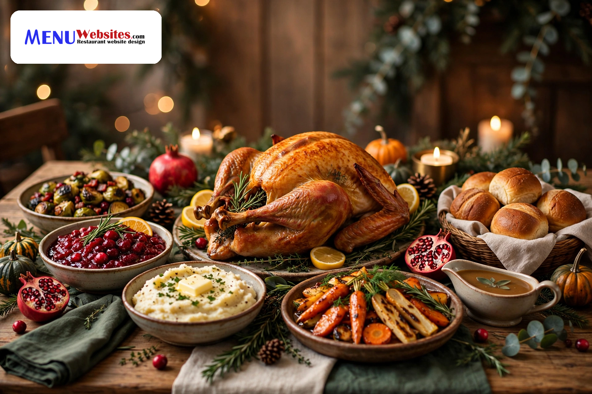 Festive Thanksgiving feast with roasted turkey and holiday sides for restaurant holiday catering online ordering