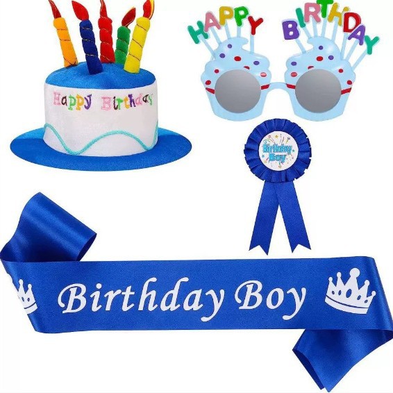 4-piece Blue Plush Birthday Cake Hat Set - Novelty Party Accessory with Matching Glasses and Medals and Shoulder Straps, Fun Photo Prop
