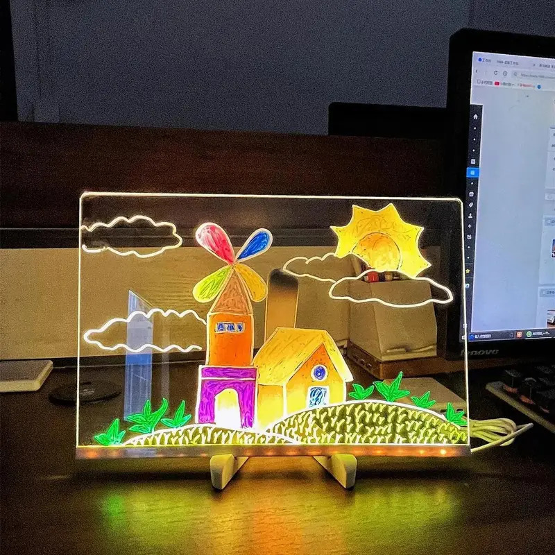 Pizarra m&aacute;gica LED acr&iacute;lica luminosa con dibujo de colores