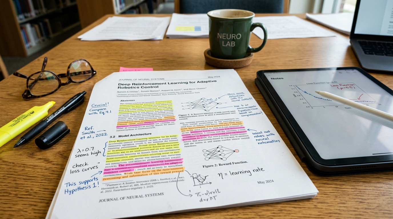 Academic research paper on a desk with highlighted paragraphs and technical notes