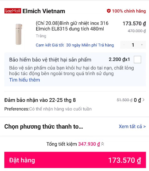 (Chỉ 20.08)Bình giữ nhiệt inox 316 Elmich EL8315 dung tích 480ml