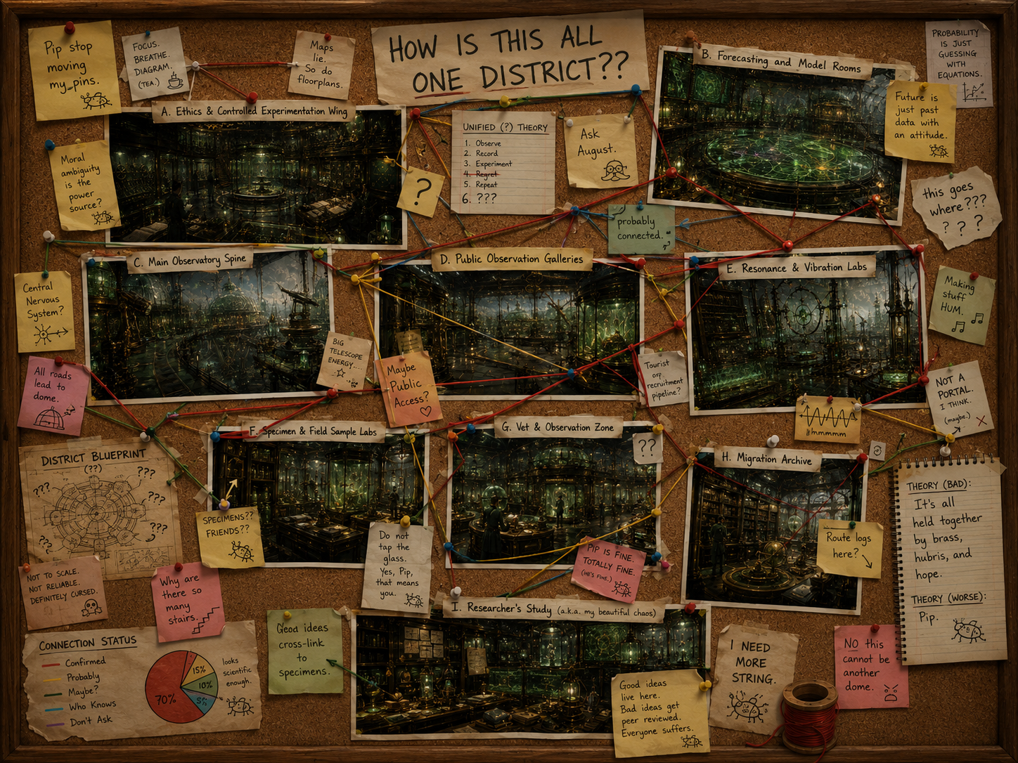 Corkboard map of the Labs and Observatory zones connected by colored string, pinned notes, photographs, and Auggie’s handwritten labels