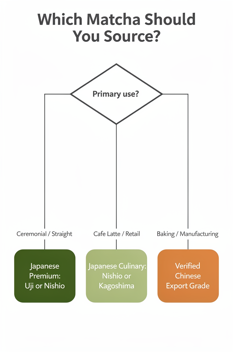 Decision framework flowchart for sourcing Japanese versus Chinese matcha based on application type and quality requirements