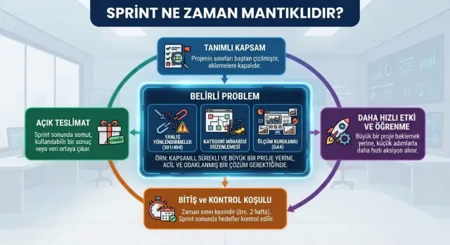 SEO Sprintinin problem, kapsam, uygulama sorumluluğu, teslimatlar ve tamamlanma koşullarıyla nasıl sınırlandırıldığını gösteren şema