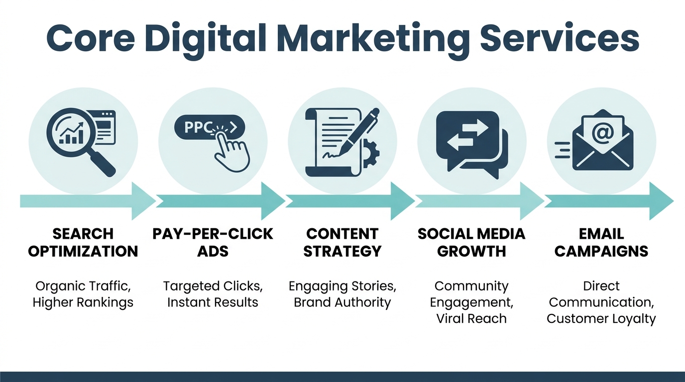 Infographic showing five core digital marketing services — SEO, PPC, Content Marketing, Social Media, and Email Marketing — as a horizontal icon grid with connecting arrows, designed in The Zulu Method brand color #274059 with teal accents.
