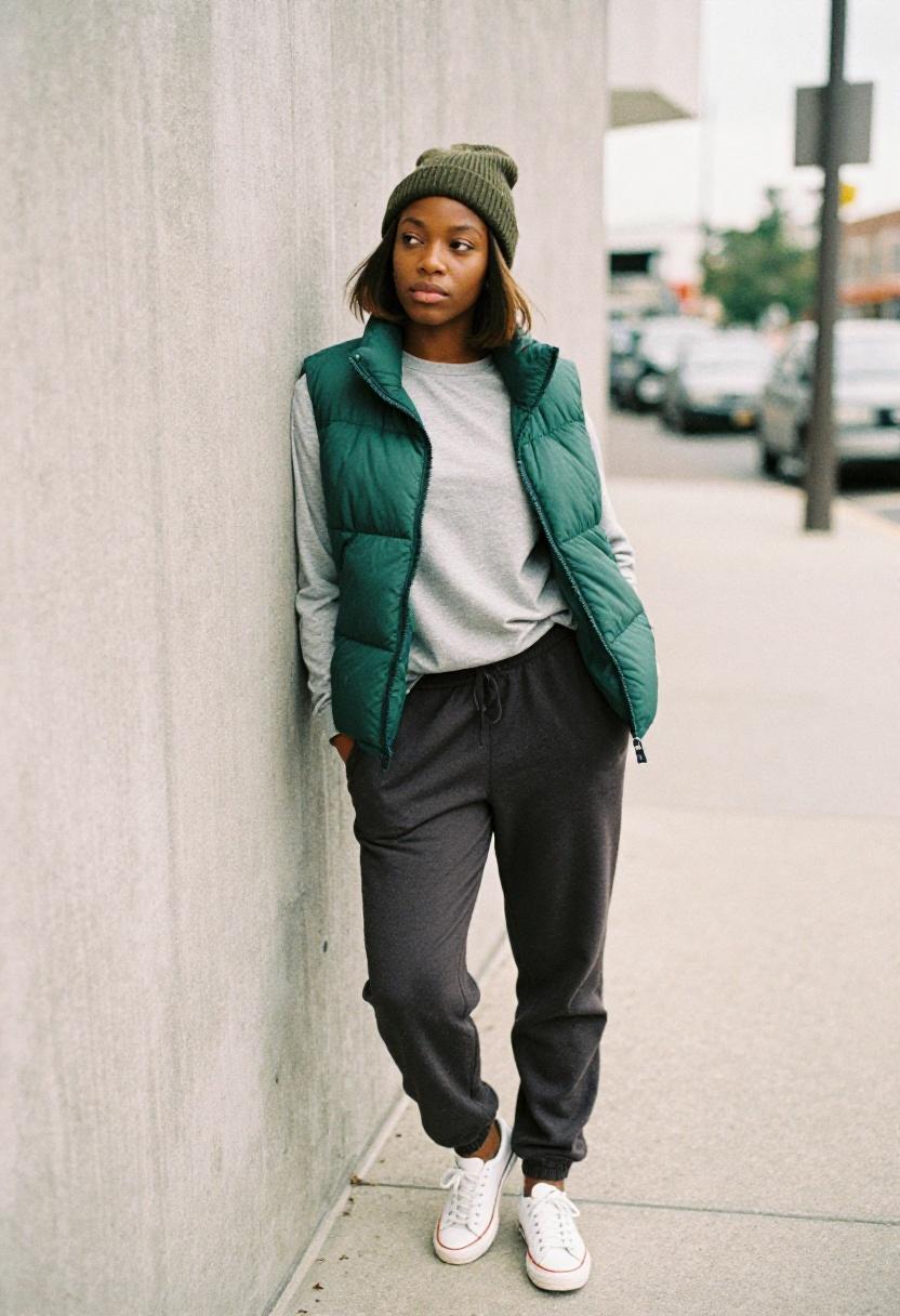 Forest green puffer vest with grey crewneck and charcoal joggers against concrete backdrop streetwear