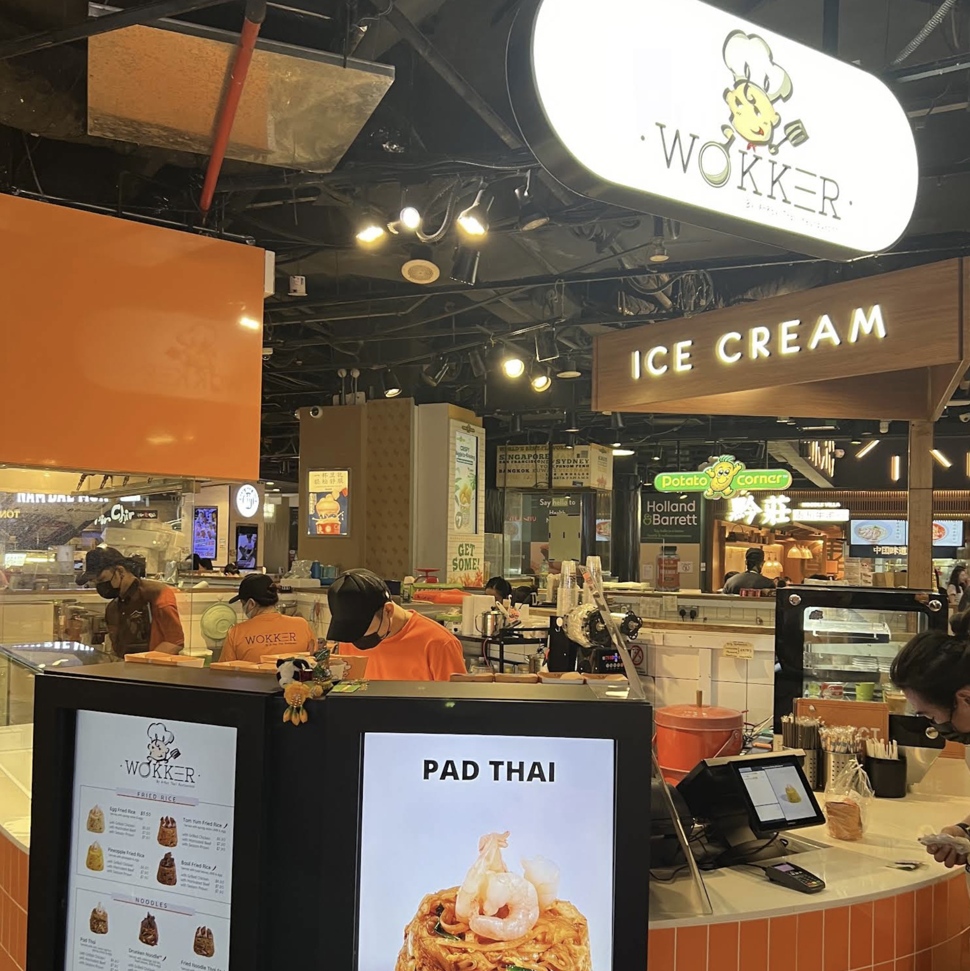 Wokker by A-Roy Thai food presentation and kiosk signage at 313@somerset