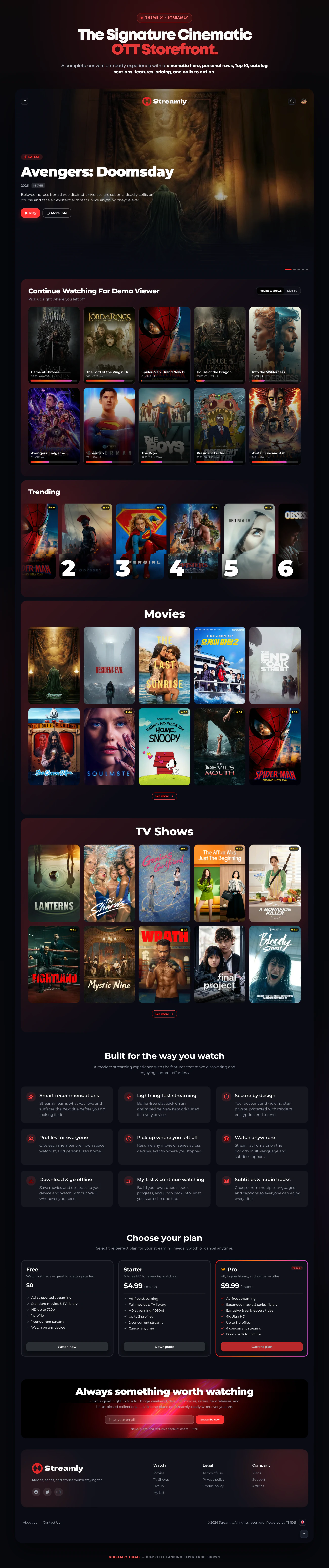Complete Streamly cinematic OTT storefront theme with hero, personal content rows, Top 10, movies, TV shows, features, pricing and footer